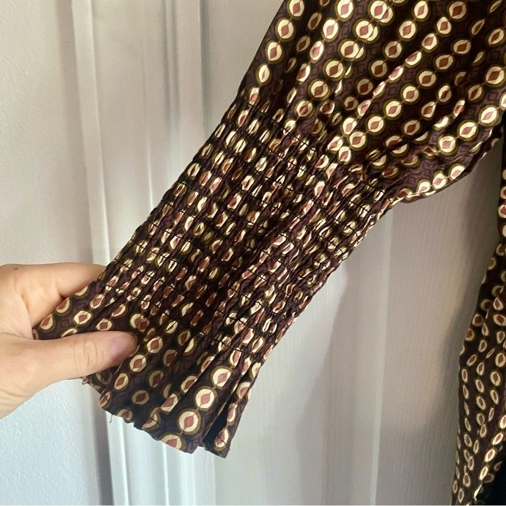 Free People Brown Geometric Print Smocked Sleeve Mini Dress Square‎ Neck SMALL
